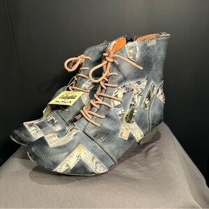 TMA Maia Stylish Patchwork Heeled Boots in Distressed Black and Tan